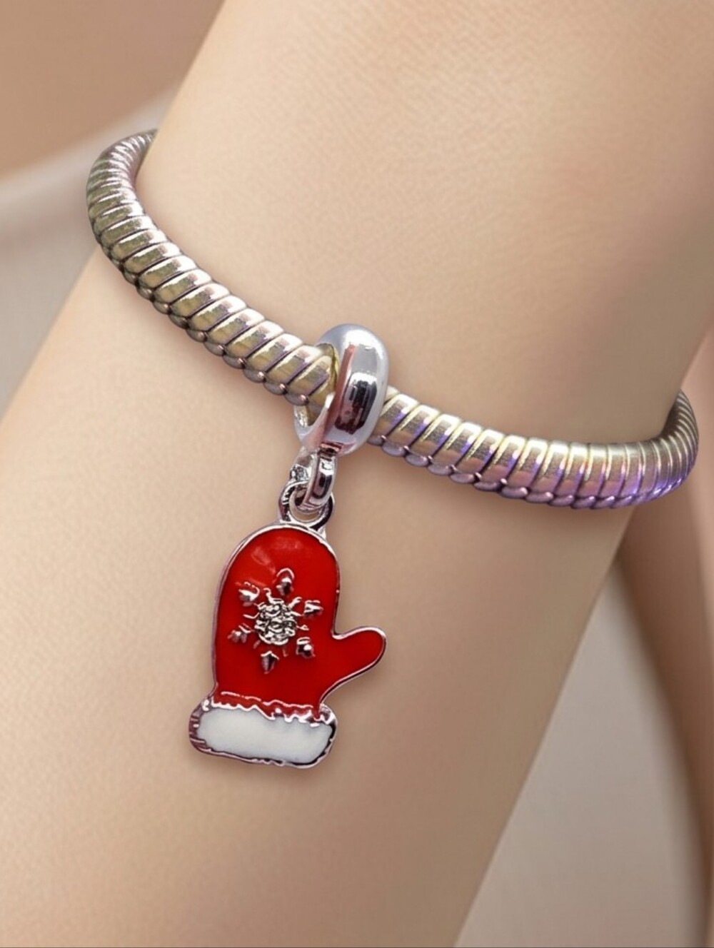 Red Mitten Charm Snowflake Dangle Bead Fits Pandora Style Bracelet Winter Vibes